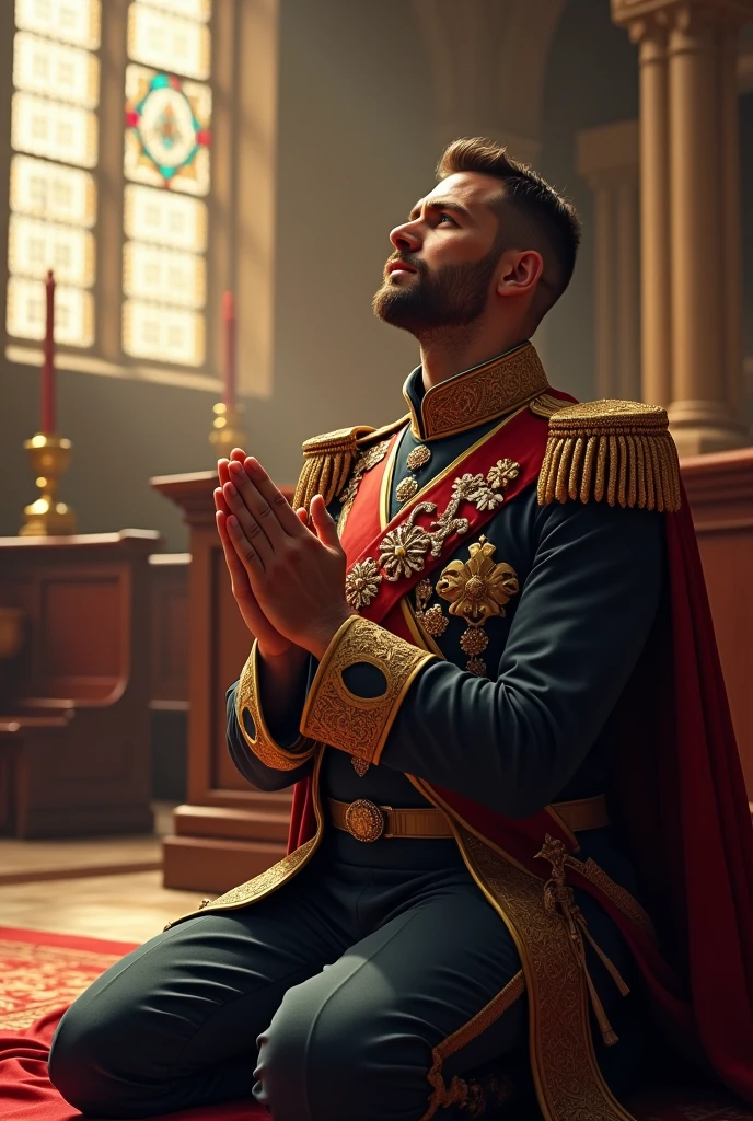 A very handsome man praying in a herald&#39;s uniform