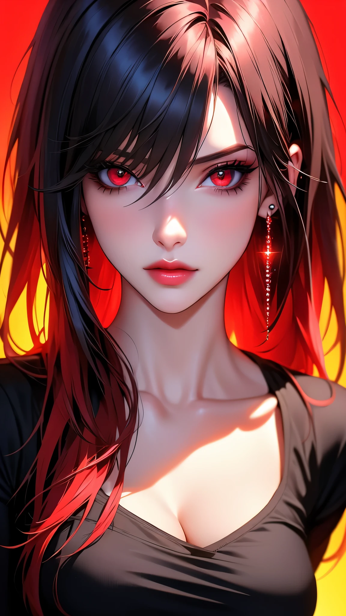 realistic,photorealistic,photo-realistic:1.37,highres,best quality,4k,masterpiece:1.2,ultra-detailed,extremely detailed eyes and face,long hair,red hair,multicolored hair,gradient hair,bangs,black hair,hair between eyes,ear piercing,piercing,jewelry,earrings,looking at viewer,1girl,solo,black shirt,shirt,breasts,medium breasts,collarbone,red eyes,black background,neon,video game art,red neon