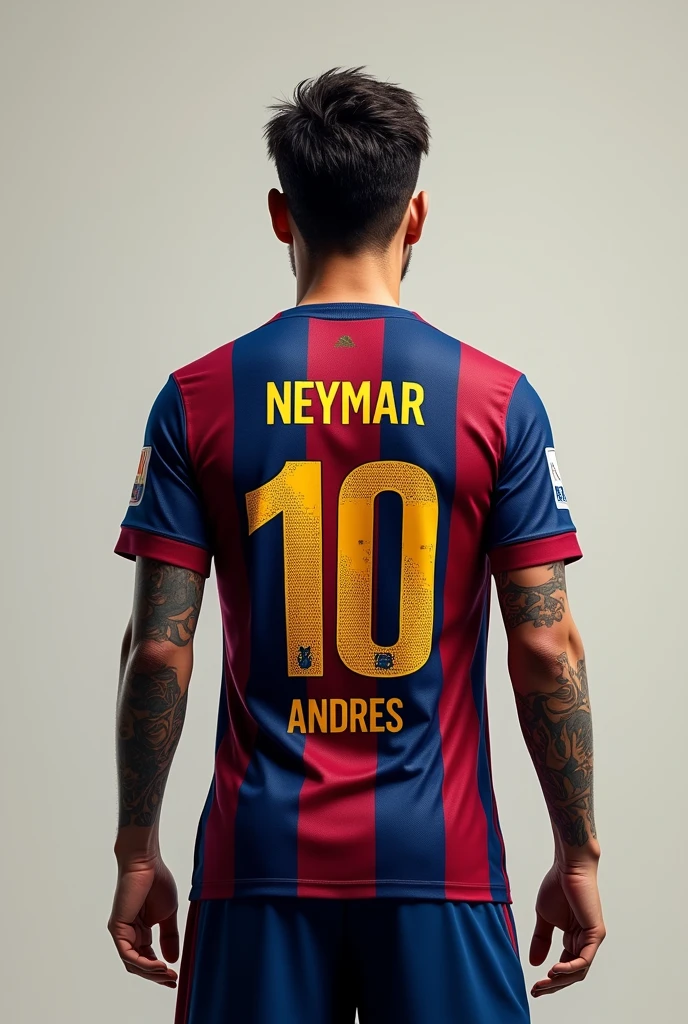 Make the Barcelona player Neymar with the number 10 with the name Andres and below the INSANE FC number with his back turned