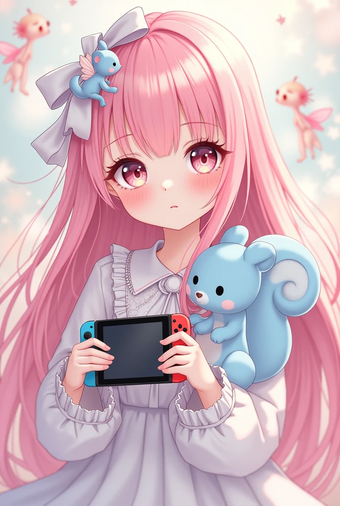 Jeune fille manga aux cheveux roses lisses ornées d’un ruban blanc, style sweet lolita, entourée de fées et tenant une peluche d’écureuil bleu ciel et une nintendo switch dans les mains