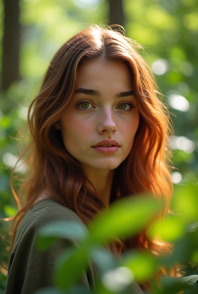 Woman aged 25 to 35, in park, salmonete, chestnut hair, brown eye taking acai Satellite image, backlighting, ultra HD, high qualiy, best qualityer, high resolution, 8k, 16K