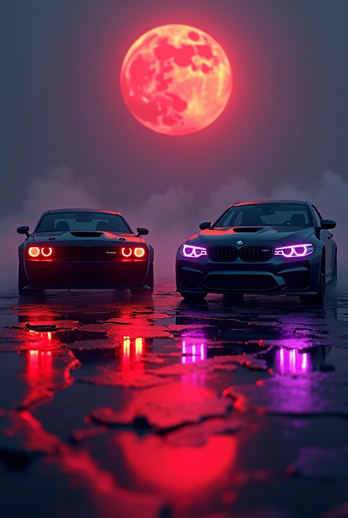 A black dodge challenger with red head lights and a black bmw with purple head lights in a  shiny broken road at night and a red moon is in the sky
