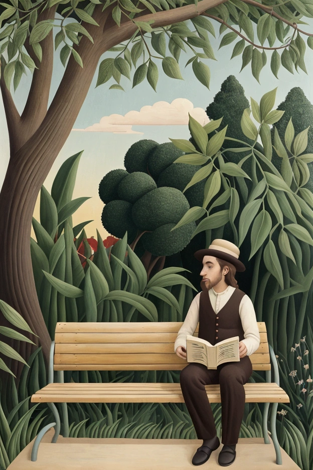 painting of a MUSICIAN, WRITER sitting on a bench, in the Henri Rousseau style, inspired by Henri Rousseau, inspired by Théodore Rousseau, inspired by Ivan Generalić, by Henri Rousseau, by Amédée Ozenfant, inspired by Germán Londoño