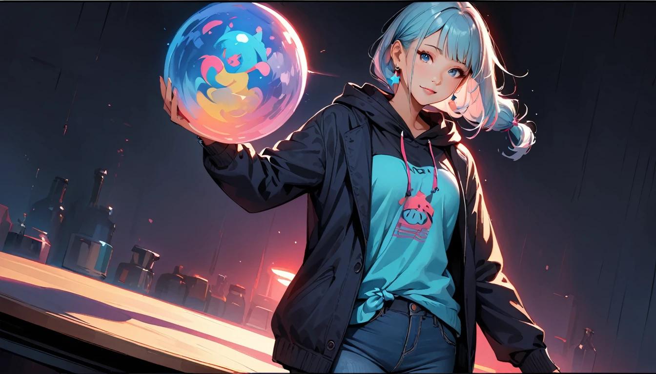 (Highest quality, 4K, 8k, Tabletop:1.2, Ultra-high resolution, Realistic:1.5), RAW Photos, One Girl, In the Dark, (Plain background), (A plain, solid background), Deep Shadow, Low lighting, Cool tones, Long Hair, Tied Hair, Subtle highlights, Dramatic contrast, (Dynamic Angle), ((1 female )), ((Plain background)), ((Flat Color)), (Dress code: Omotesando street fashion), (jeans), Looking at the audience, Upper Body, Transparent Background, High Contrast, Contrasting colors, Cowboy Shot, Pale pink and blue lighting, Light blue hair, Small star-shaped earrings in both ears, watch, bright eyeshadow, R-18, The upper body is wearing a hoodie, (Wearing a hood), (Hair is not sticking out from the hood), (No hair sticking out of the hood), Harajuku Fashion