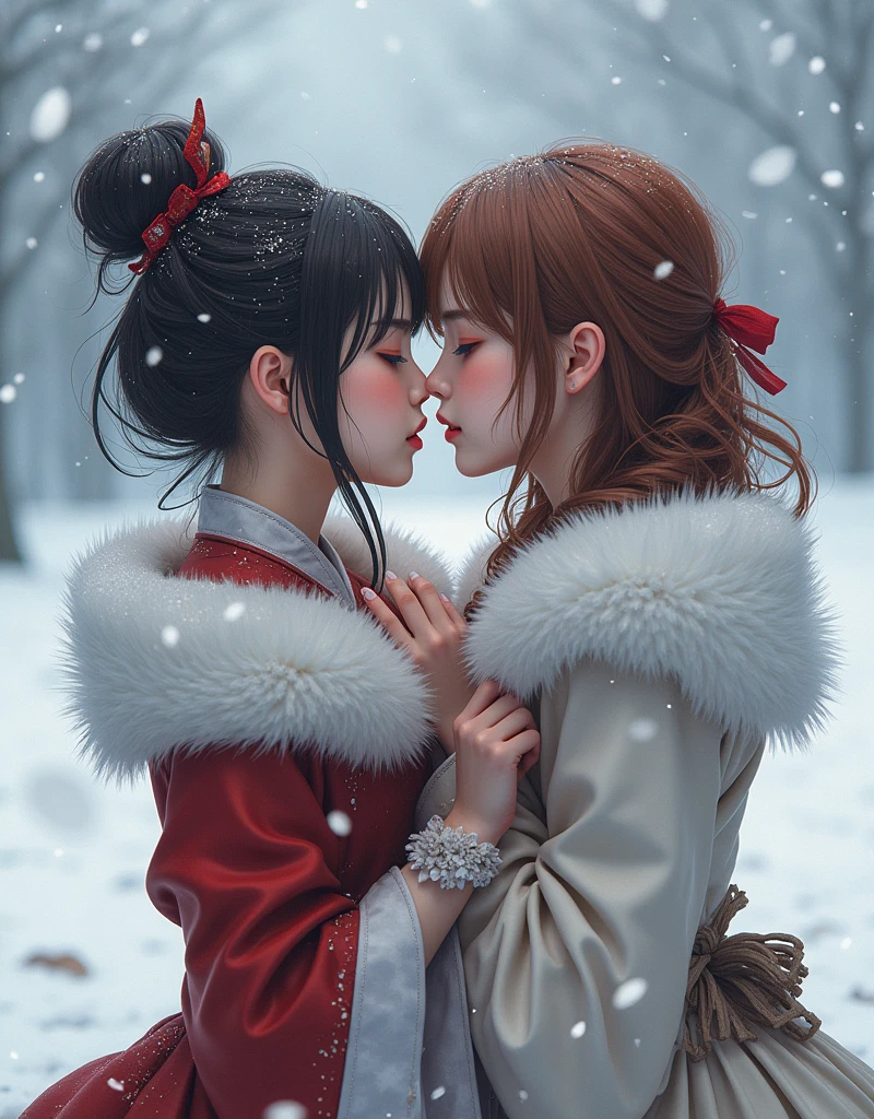 (Best quality, 8K, 32K, masterpiece), (High intaglio printing model),Photorealistic, high resolution, perfect anatomy, perfect hands, (two Japan Women is deeply in love with each other), kiss, (ta costume),Gorgeous costumes, Face the audience, (The upper part of the body, upper legs), beautiful eyes, Brown hair, ringed eyes, (outside, Heavy snowfall, Thick fur cloak, Cover with snow), snowfield, Blue eyes, Illustrations of the highest quality, A meticulous face