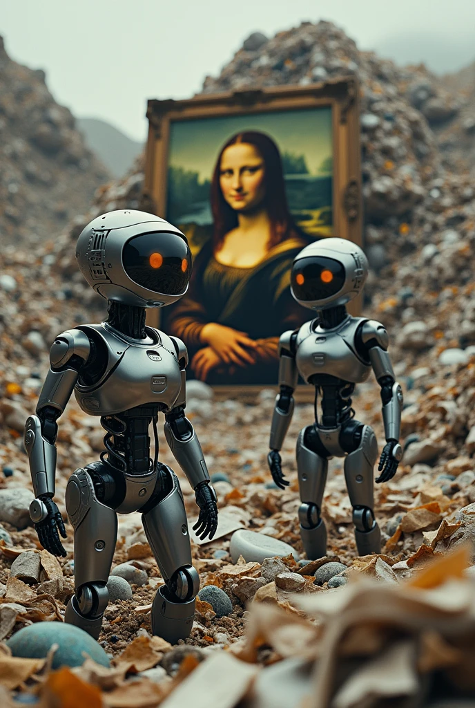 create an image of two robots looking and walking towards a large dump full of human items, like the Mona Lisa painting in the middle of this dump thrown in a corner with garbage covering it