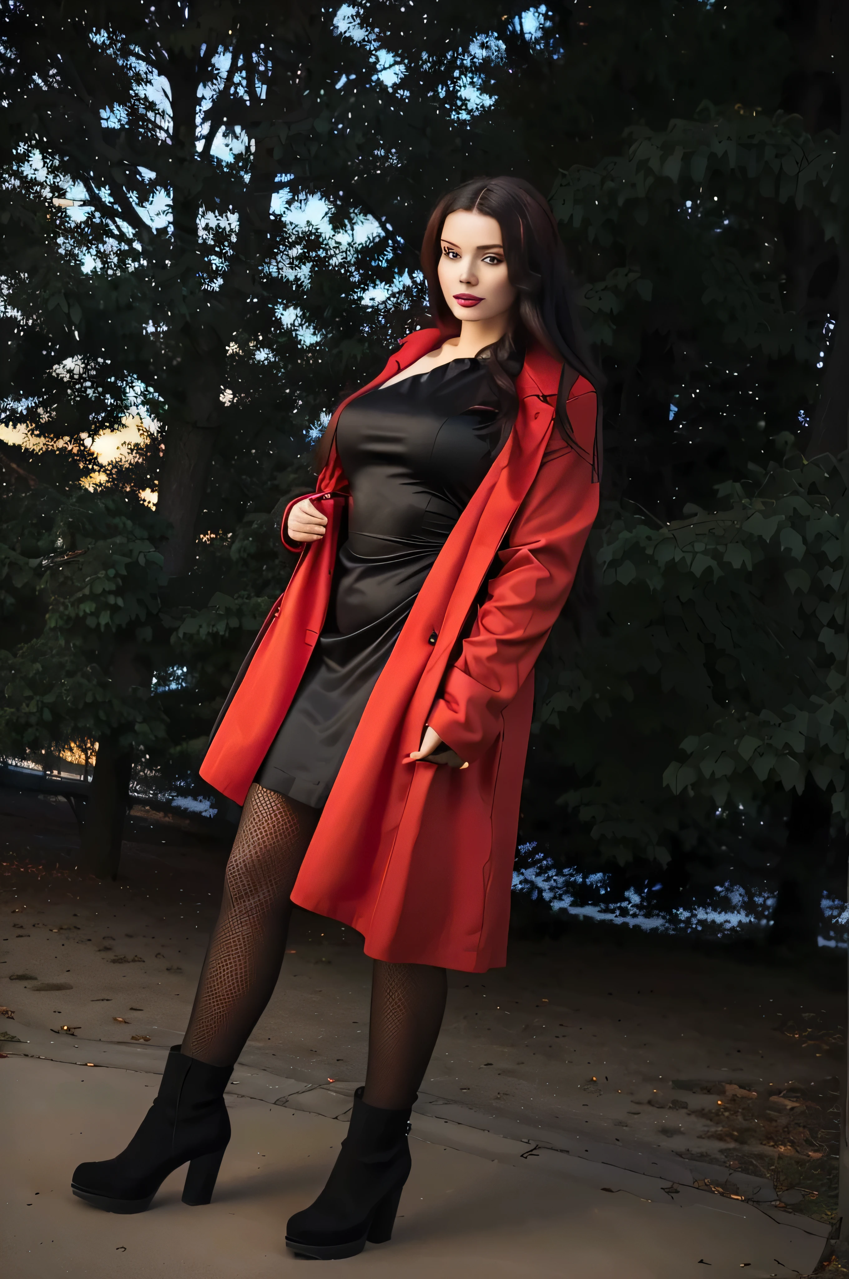 there is a woman in a red coat and black dress posing, in red and black, red coat, lady in black coat and pantyhose, full body photoshoot, full body photogenic shot, wearing a red outfit, red and black, black and red, full body black and red longcoat, gothic outfit, rin tohsaka, full body length shot