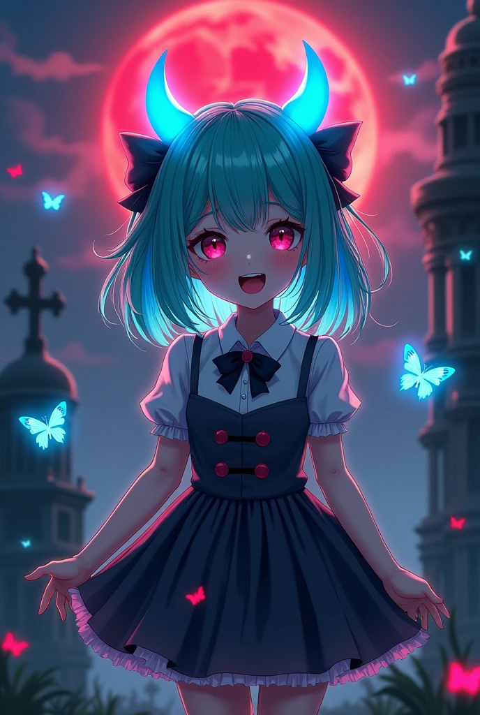 (photorealism:1.2),1girl, realistic anime, 8k, cinematic, dramatic, decora, Halloween theme, costume, devil horns, rainbows in background, creepy-cute vibes,(aqua-green hair:1.1),(gradient hair),(pink tips), blue glow horns, blue horn, coolor blue, holiday, pink gradient hair to bright blue, (butterfly), demonic butterflies flying, red butterfly, bright glowing horns, cute, happy expression, open mouth, evil laugh, yandere, kawaii cutesy, glowing red moon in the background, cemetery, old buildings, cinematic bg, concept art, clips, delicate, demure, bows