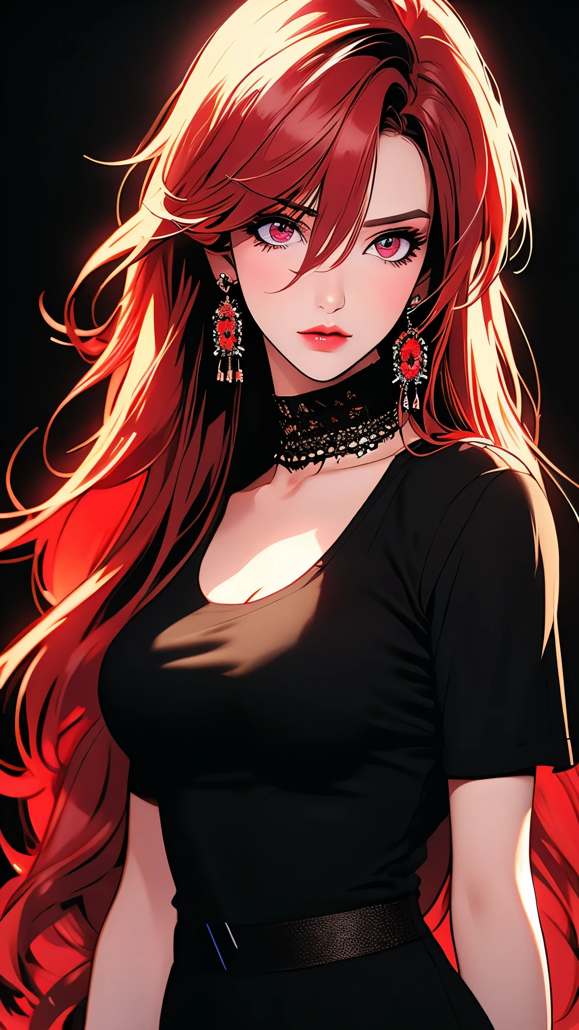 realistic,photorealistic,photo-realistic:1.37,highres,best quality,4k,masterpiece:1.2,ultra-detailed,extremely detailed eyes and face,long hair,red hair,multicolored hair,gradient hair,bangs,black hair,hair between eyes,ear piercing,piercing,jewelry,earrings,looking at viewer,1girl,solo,black shirt,shirt,breasts,medium breasts,collarbone,red eyes,black background,neon,video game art,red neon