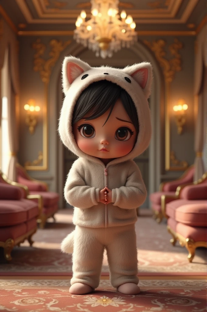 18 year old girl wearing wolf pajamas with cute little wolf ears while looking embarrassed inside a big mansion 