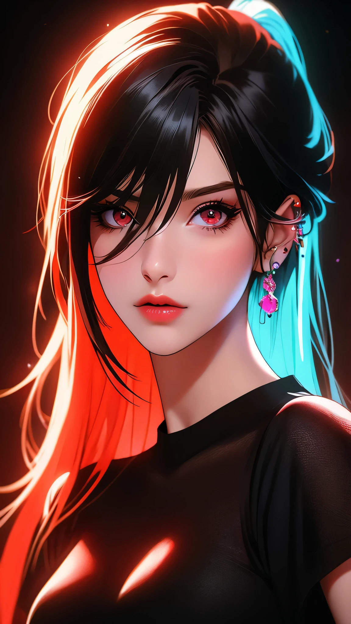 realistic,photorealistic,photo-realistic:1.37,highres,best quality,4k,masterpiece:1.2,ultra-detailed,extremely detailed eyes and face,long hair,red hair,multicolored hair,gradient hair,bangs,black hair,hair between eyes,ear piercing,piercing,jewelry,earrings,looking at viewer,1girl,solo,black shirt,shirt,breasts,medium breasts,collarbone,red eyes,black background,neon,video game art,red neon