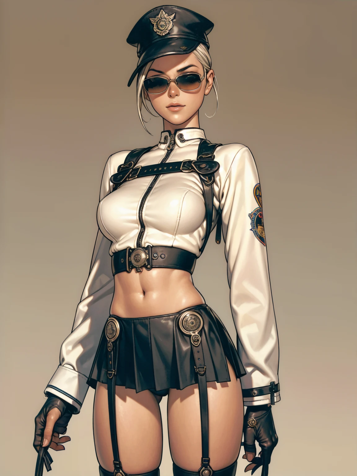 Uma Kizi jovem com cabelo bagunçado ruivo, (((police suit))), (((sexly police))), (((police cosplay))), (((wide garter belt and stockings 3/4))), (((wearing futuristic sunglasses))), (((Police cap))), (((wearing pleated leather mini skirt))), crop top with belly showing and a leather jacket, (((best qualityer))), (((manga strokes))), dramatic camera angles, design mixing contemporary and retro by Shepard Fairey, (((cowboy shot))), (((best qualityer: 1.4))), (Unbeatable masterpiece), (hiper HD),(CG 8k hyper-realistic), Kizi, (((standing alone))), pirralha violent, ((())), sexly, pose de atitude, work of art, post-apocalypse, (((manga style))), bounty hunter, violent, Manic, the way you want, sarcastic smile, slenderbody, thin but strong, perfectbody, roupa moderna, advanced technology, neon, sleeves with vertical striped pattern, neutral background, (( cowboy shot )). intricate visual