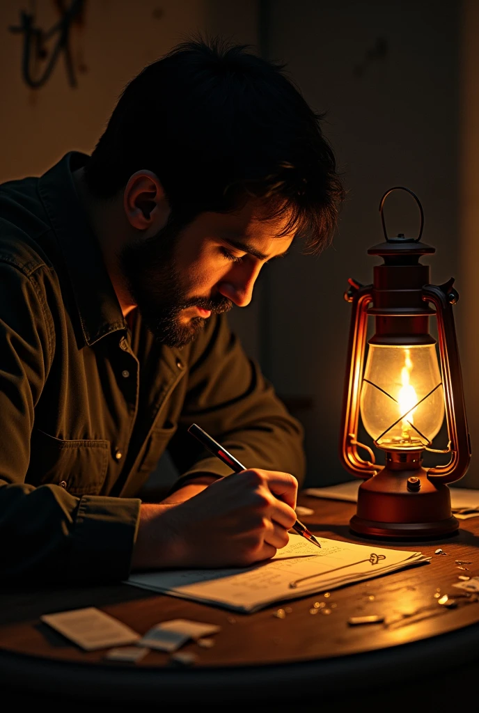 A person writing by the light of a kerosene lamp.