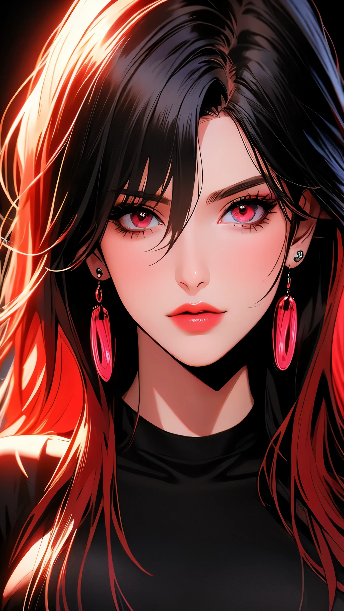 Gigantic breasts, realistic,photorealistic,photo-realistic:1.37,highres,best quality,4k,masterpiece:1.2,ultra-detailed,extremely detailed eyes and face,long hair,red hair,multicolored hair,gradient hair,bangs,black hair,hair between eyes,ear piercing,piercing,jewelry,earrings,looking at viewer,1girl,solo,black shirt,shirt,breasts,medium breasts,collarbone,red eyes,black background,neon,video game art,red neon