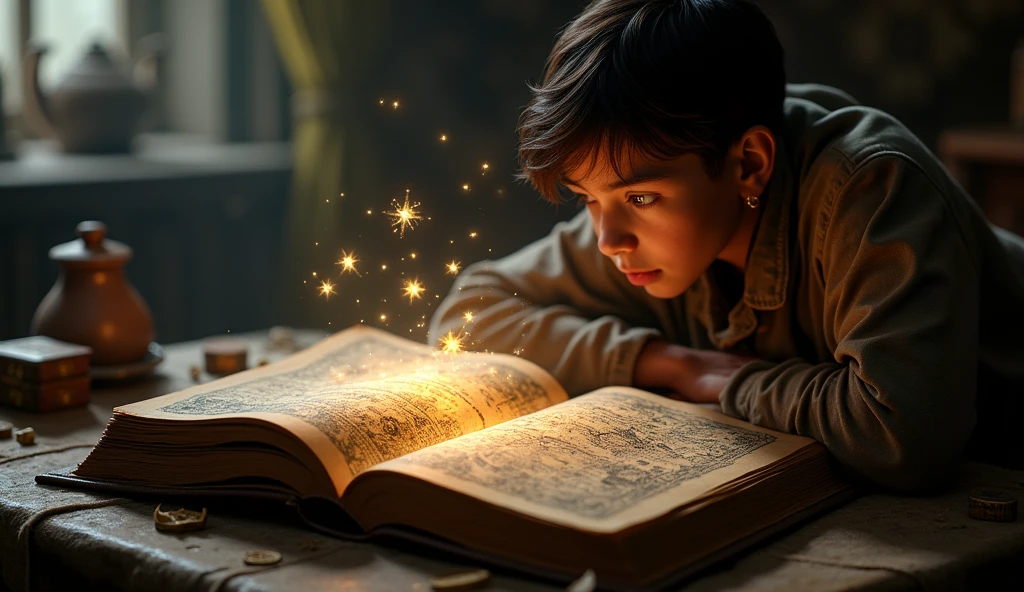 An ancient book of astrology open on a table with glowing zodiac symbols rising from the pages, casting light on a curious reader. Atmosphere: mystical and revealing. Mood: intrigued and amazed. --ar 16:9