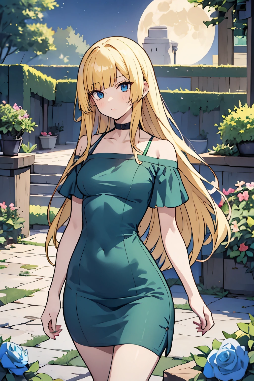 fairy_tail_style, solo, 1 girl, cowboy shot, (young female body:1.4), (medium small breasts), long disheveled hair, golden yellow wavy hair, extra long hair, blunt bangs, crystal blue eyes, very detailed blue eyes, mansion garden, standing on a cobble pathway, a moonlit garden with a fountain, rose bushes, night time, tight elegant green dress, maxi length dark green dress, short sleeves,  form fitting tight green dress, chic evening dress, party dress, cowboy shot, flower in hair, off shoulder short sleeves, off shoulder, exposed collar bones