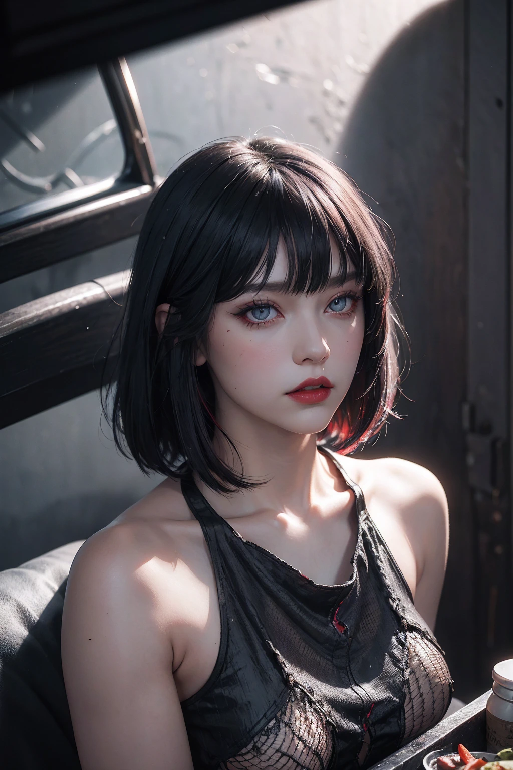 (best quality,mackerel),(realistic:1.37),dark,savage,female, eye,detailed face,black clothes,Bob cut black hair,straight bangs,pale skin,red lipstick,Intense expression,mysterious atmosphere,savageic background,dim lighting,night,vivid colors, fish net, topless, full body