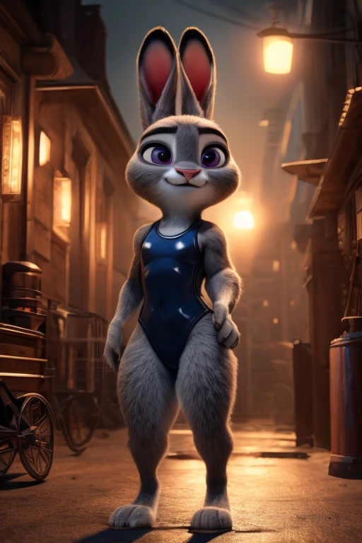 Judy Hopps, Pixar animated Zootopia style, a muscular girl wearing a leotard with a 3:1 hip to leg ratio, bedroom setting, detailed facial features, cinematic lighting, photorealistic, 8K, hyper detailed, masterpiece