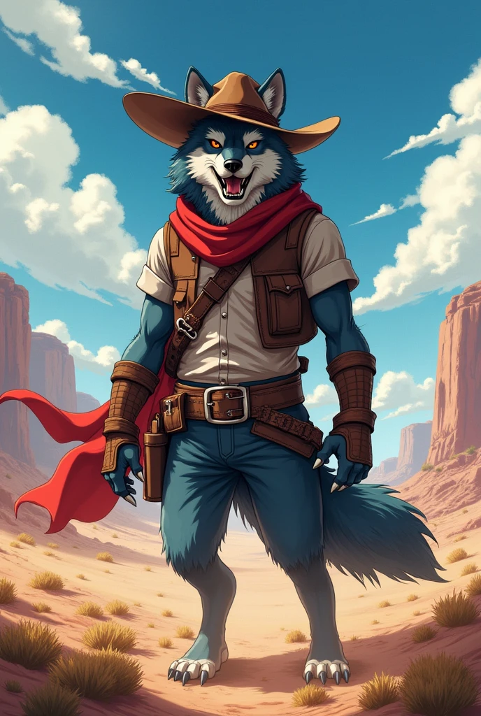 Animé, loup cowboy, foulard rouge, chapeau marron, poil bleu foncé 