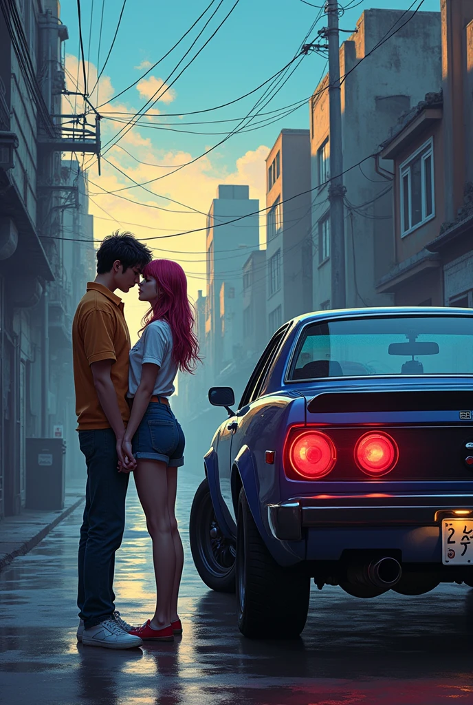 Japanese anime style, old school nissan skyline gtr, guy and girl standing together
