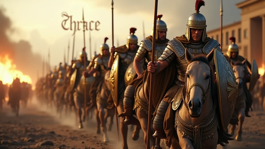 (photographie ultra-réaliste) Armée de thrace dans la grèce antique portant des armures reflétant la lumière, des capes dorée, munie de leurs lances d'argents et leurs bouclier dorés, ils chargent vers les ennemies, sur un champ de bataille apocalyptique dévasté, deux centurions légendaires nommés "Ritchie" et "Supplier". En arrière plan on aperçoit la ville de Troies en feu.
En arrière plan il est écrit "Thrace" en lettre gothique