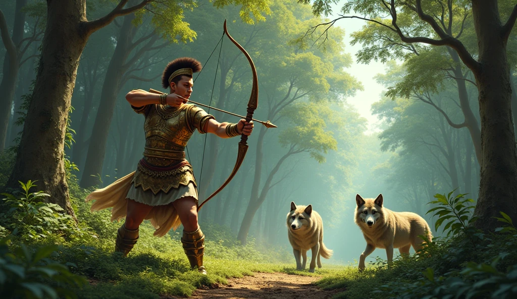 AN ARMOURED GREEK FIGHTER WIRING A BOW AND HUNTING WOLVES IN THE MIDDLE OF A GREEN FOREST