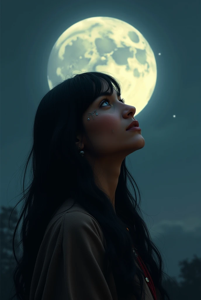 An indigenous woman with long hair and bangs looking at the full moon 