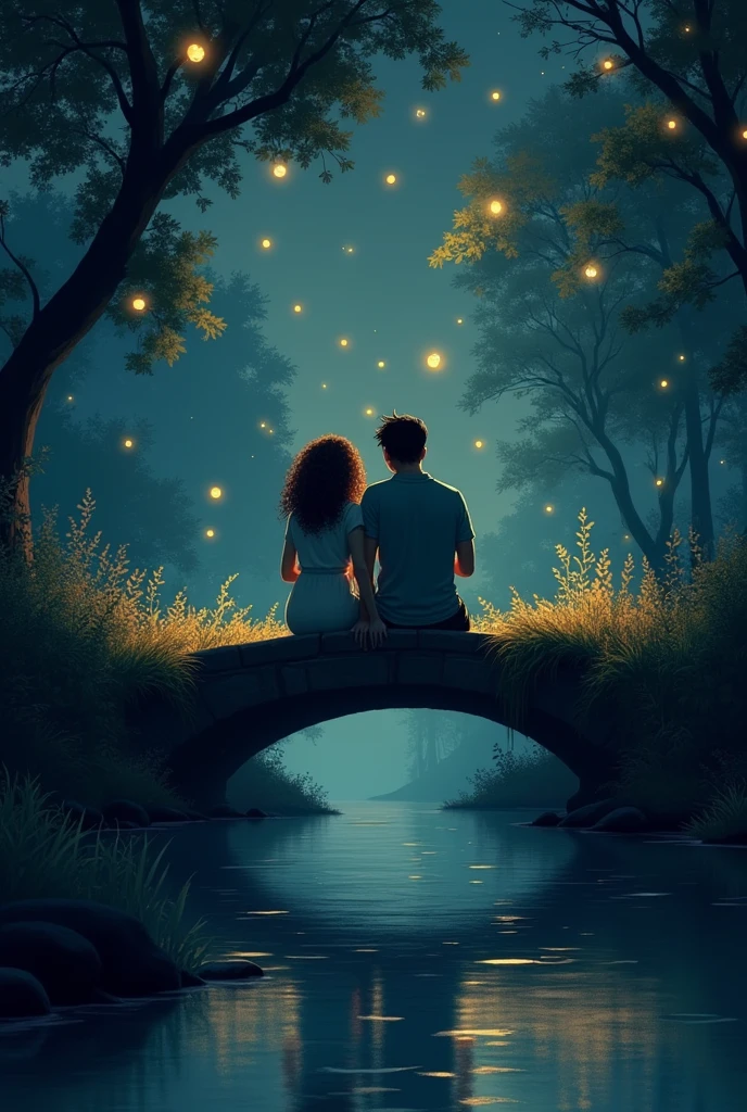 A curly-haired woman and a tall man sitting at night on a small bridge over a river watching fireflies