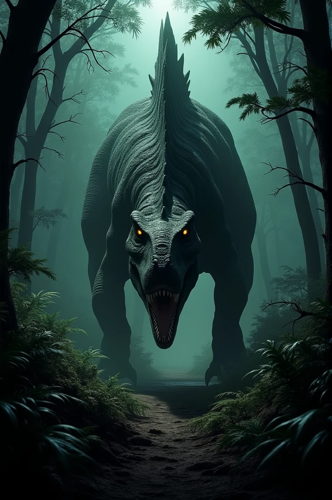 Create an image of the Spinosaurus from Jurassic Park 3 at night with glowing eyes in the forest, a dark atmosphere 