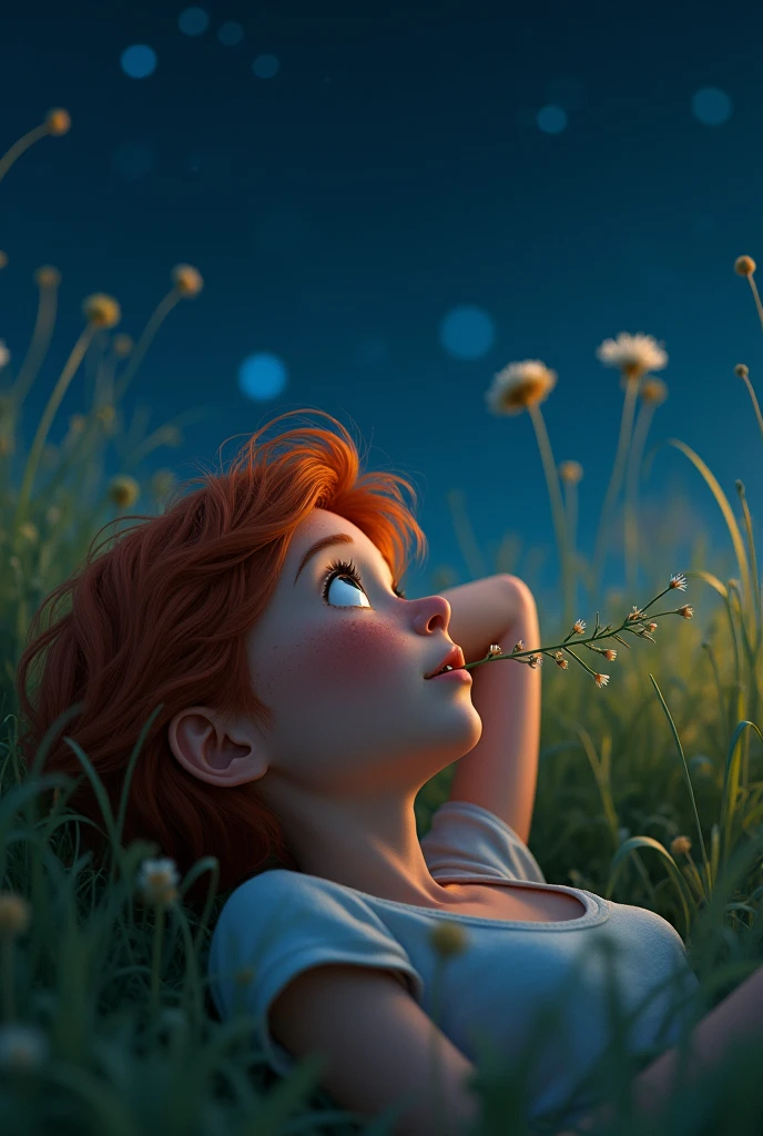 Profile angle shot, anime, A tomboy short redhead girl with freckles and big blue eyes, lying in a meadow with her hands under her head, holding long stem of long grass in her mouth, gazing at the starry sky, dreamy atmosphere, (best quality,4k,8k,highres,masterpiece:1.2),ultra-detailed,(realistic,photorealistic,photo-realistic:1.37),vibrant colors,cinematic lighting,intricate detail,ethereal,digital art, visible night sky with plenty of stras, dark colors, night, dark colors