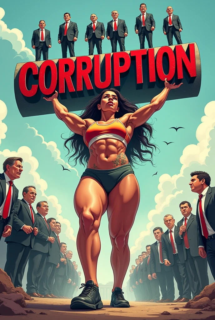 Make me a poster with a girl carrying the word corruption on her back while politicians are standing on the word and make it cartoony
Make the girl buff like hidilyn Diaz and add Carlos yulo and Harold hatch to help her carry the corruption word that with the politicians on top standing 

