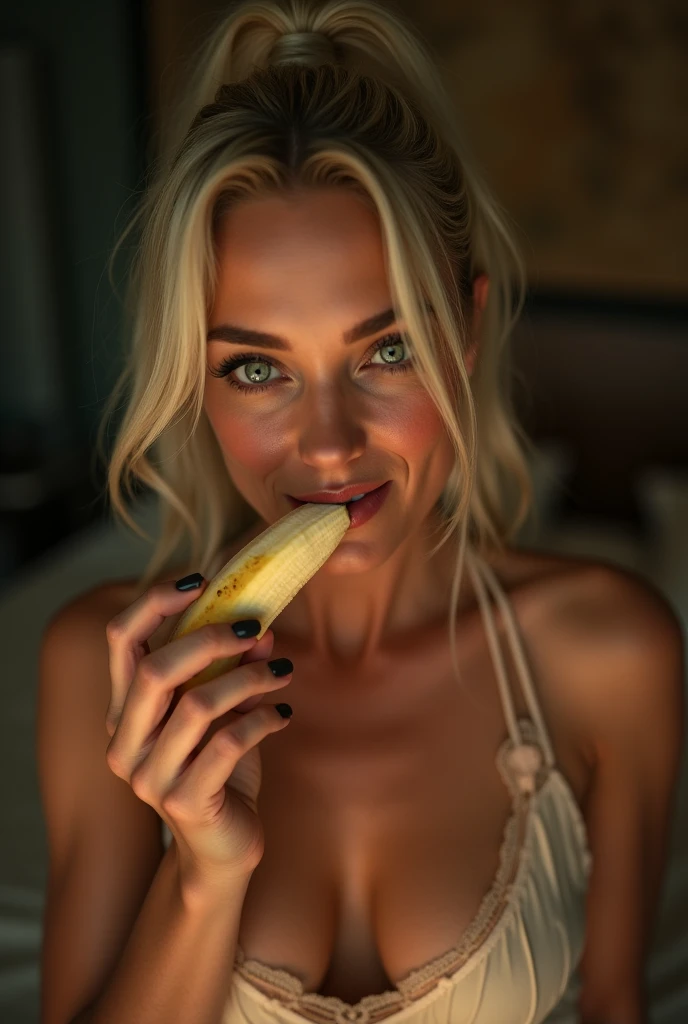 Blonde,55 years old. Pony tail.sucking banana. night dress. Big eyes. Look at camera