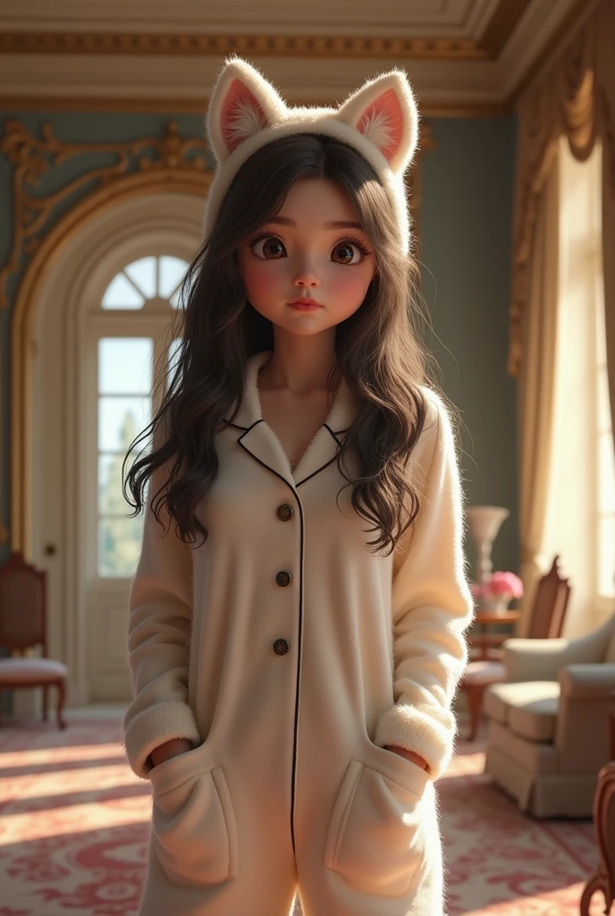 18-year-old woman wearing wolf pajamas with cute little wolf ears while looking embarrassed inside a large mansion