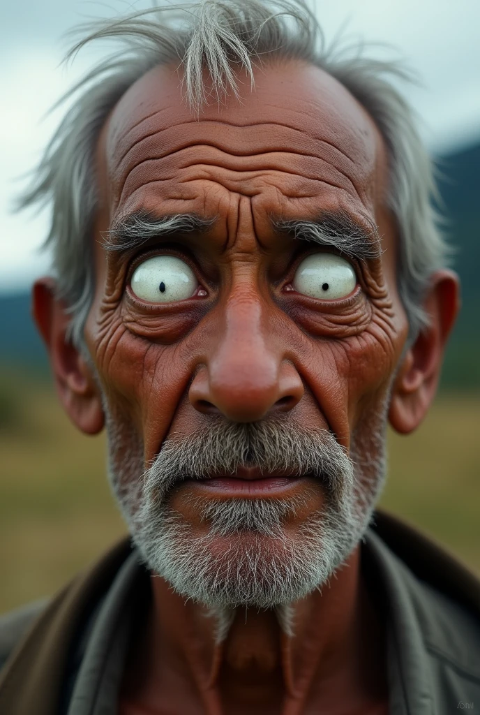 Brazilian elderly person from a remote area who has white pupils like a blind person 