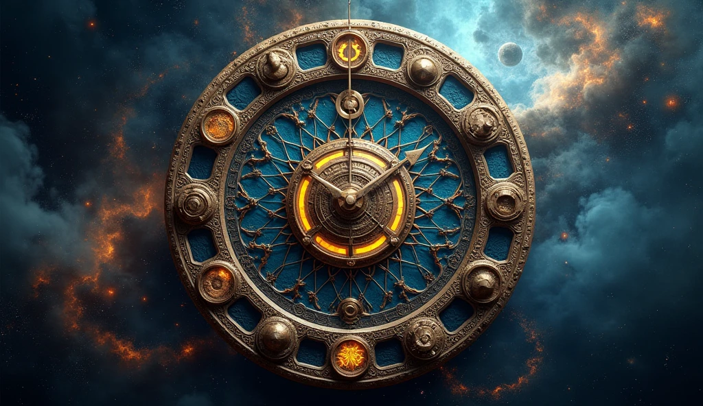 An intricate clock face made of zodiac symbols, with each symbol lighting up as the clock’s hands move. The background shows a dynamic cosmic landscape. Atmosphere: complex and intriguing. Mood: fascinated and engaged. --ar 16:9