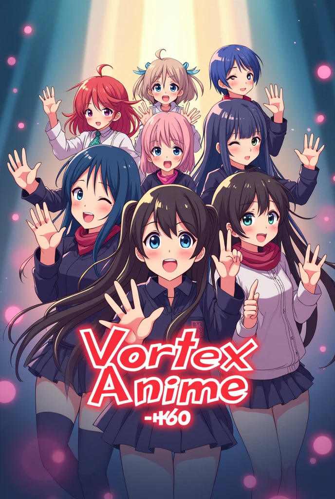 COVER photo of a group of epic happy anime characters who are waving and smiling, carrying the logo of my page "Vortex Anime -4k60-