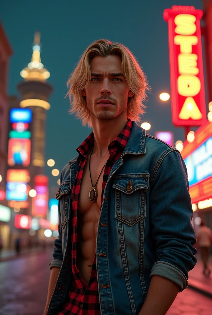 Tall, handsome 28-year-old man, green eyes like jade pearls and long blond hair. Wearing a plaid shirt and a denim jacket, and a necklace around his neck. Behind him to the city of Las Vegas