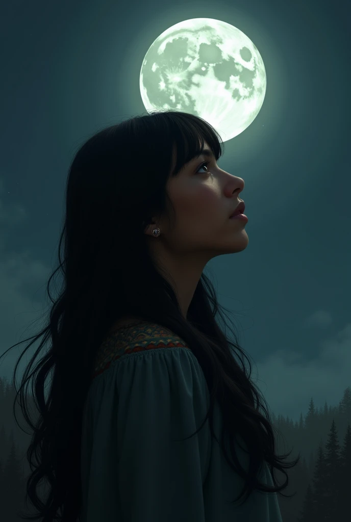 An indigenous woman with long hair and bangs looking at the full moon