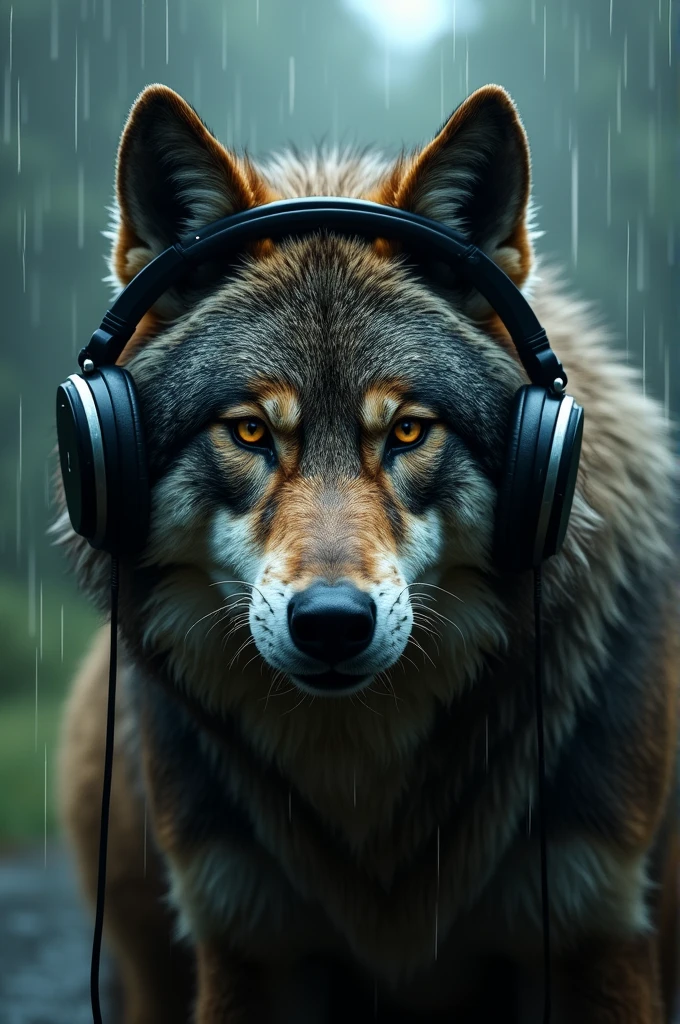 Face of a wolf with indigenous features, with headphones in the rain