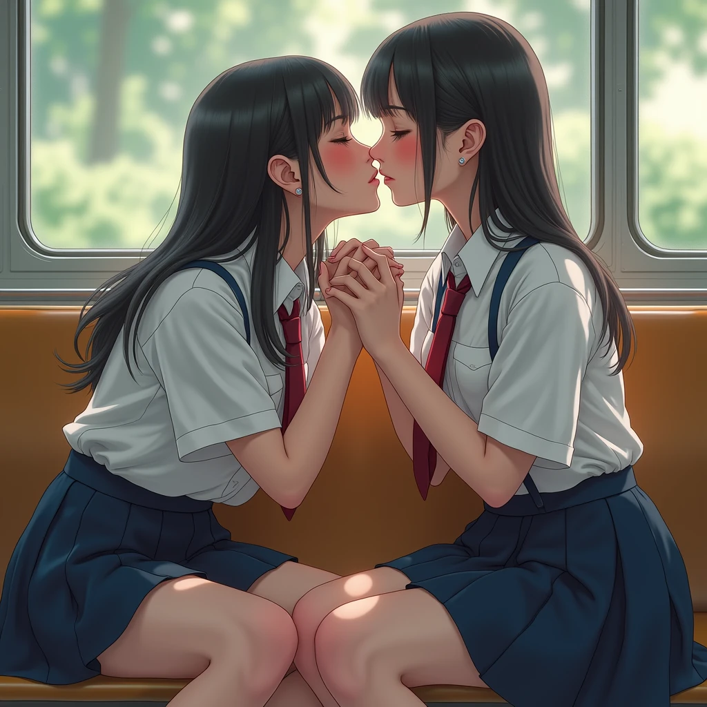 (masterpiece, best quality, the most important work:1.2), 8k, , 85mm, official art, raw photo, absurd Res, white dress shirt, pretty face, close up, upper body, violaceus, gardenias, beautiful girl, , (navy pleated skirt:1.1), cinch waist, thighs, short sleeve, in train, sitting on bench seat, looking at viewer, no makeup, (smile:0.4), film grain, chromatic aberration, sharp focus, firelight, clear lighting, teentailed face, bokeh background, (dark red necktie:1.1), (perfect anatomy, perfect hands), (two young girls is deeply in love with each other, kiss:1.3)