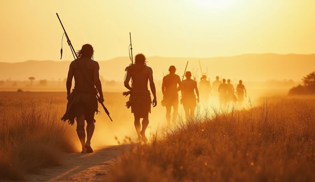 In the heat of a dry, sun-baked day, ancient tribal people, clad in simple garments, stealthily navigate through the parched grasslands. Their keen eyes and practiced movements reflect their deep connection with the land as they track the elusive game. The warm breeze carries the scent of sweat and earth, mingling with the distant calls of animals. Their ultimate goal is survival, and each hunter's skill and precision are vital in this age-old dance between predator and prey.