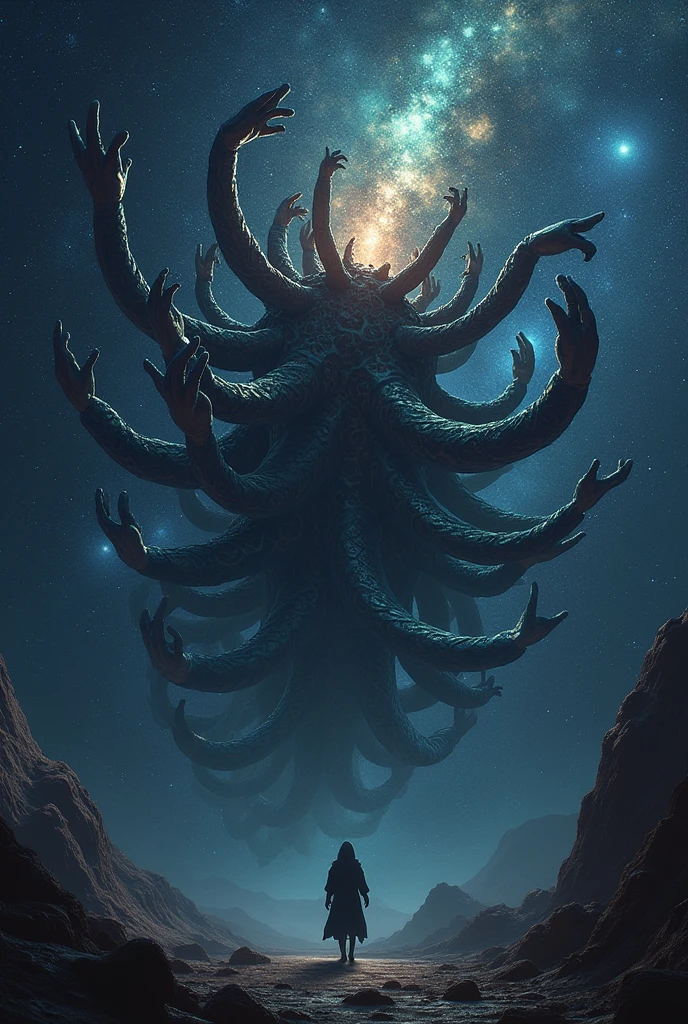 Besta celestial, centipede appearance, in space, the size of stars, several human arms across the body