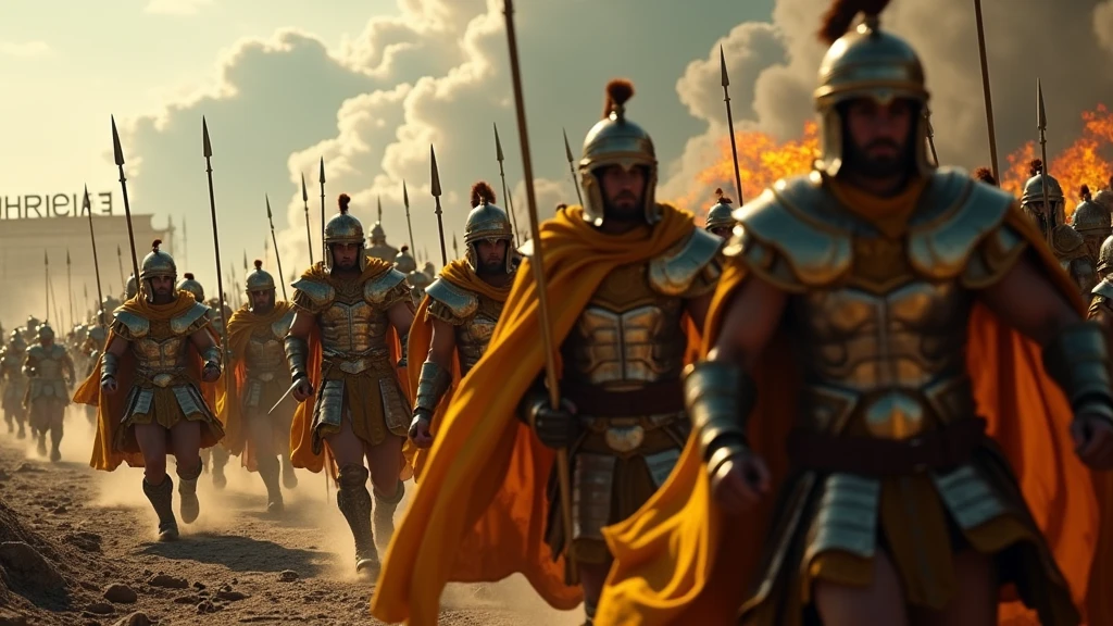 (photographie ultra-réaliste) Armée de thrace dans la grèce antique portant des armures reflétant la lumière, des capes dorée, munie de leurs lances d'argents et leurs bouclier dorés, ils chargent vers les ennemies, sur un champ de bataille apocalyptique dévasté, deux centurions légendaires nommés "Ritchie" et "Supplier". En arrière plan on aperçoit la ville de Troies en feu. En arrière plan il est écrit "Thrace" en gras et en lettre gothique