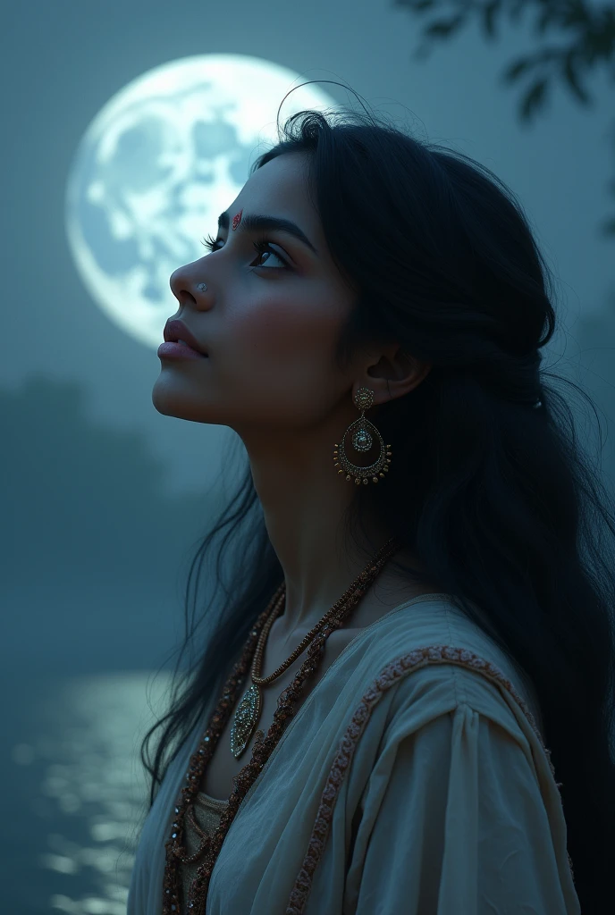 An Indian woman with long hair and bangs looking at the full moon