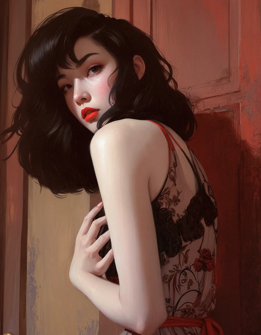 A black-haired woman with red lips posing in front of a door, digital art by Ilia Kuvshinov, awesome digital illustration, low detailed. Digital paint, inspired by Jeffrey Catherine Jones, Porcelain skin. Studio Ghibli, tom bagshaw style, guweiz style artwork, Art Style : Ilia Kuvshinov, inspired by Tran Nguyen