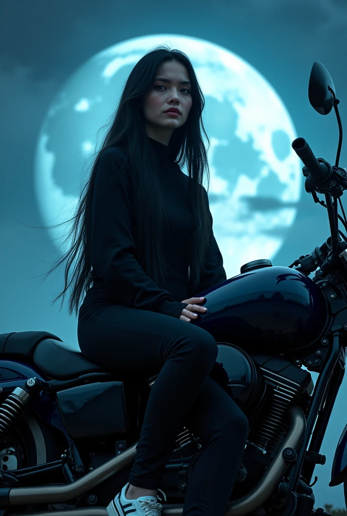 Photo of a 24 year old girl with long black hair, grey eyes, black shirt, black pants, white and black sneakers, sitting on a motorcycle with a large moon in the background