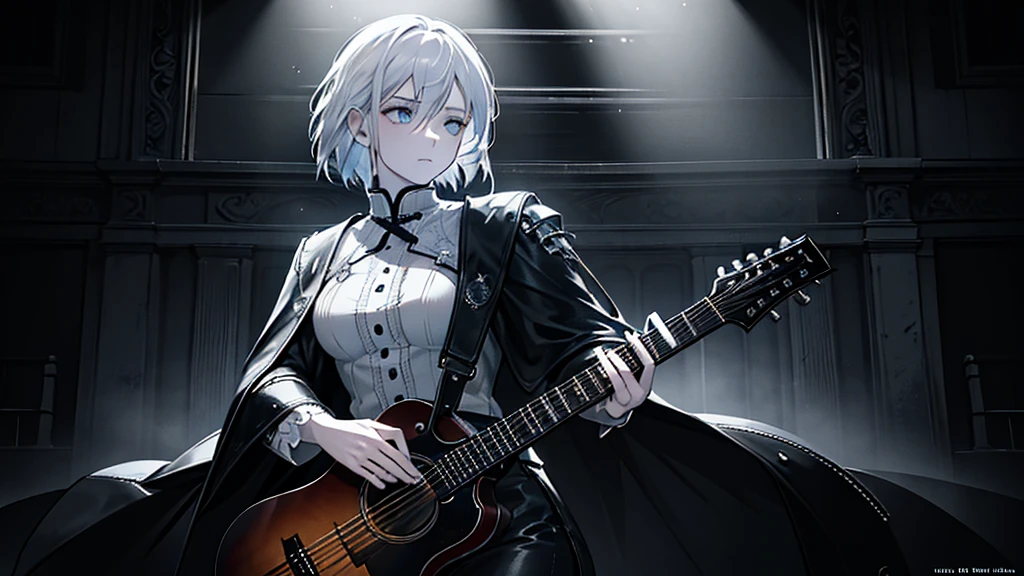 A woman with white hair playing an acoustic guitar alone in the dimly lit center of a stage, detailed face and hands, dramatic lighting, moody atmosphere, photorealistic, cinematic, highly detailed, 8k, award-winning digital art
