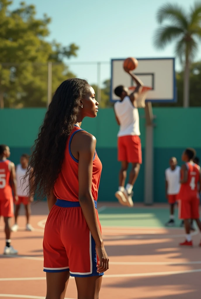 A Brazilian woman on a basketball court, admiring her Haitian boyfriend dunking on Friday, in honor of her. While several boys are around her, admiring how beautiful she is, 8k image.