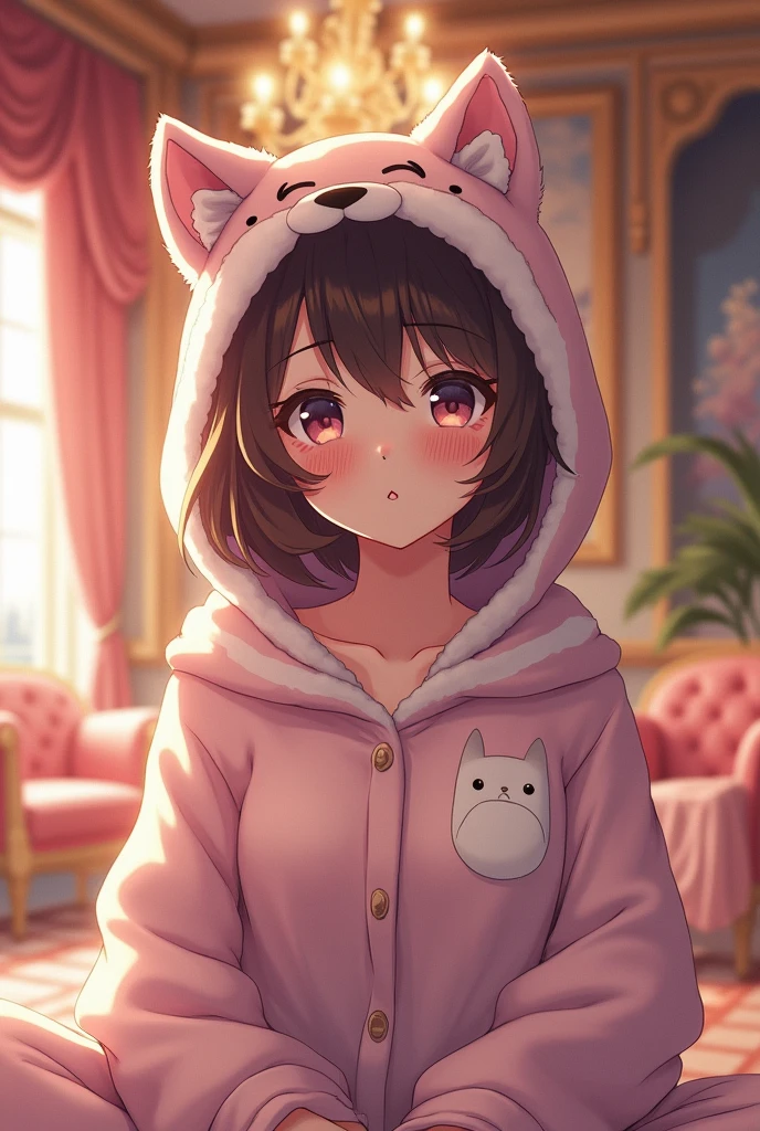 18 year old woman wearing wolf pajamas with cute little wolf ears while having an embarrassed face inside a large anime style mansion with lovestruck eyes