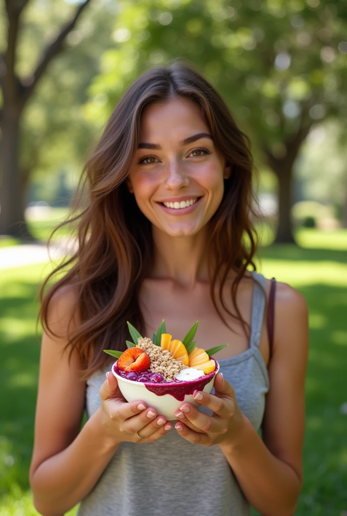 Woman aged 25 to 35, in park, salmonete, chestnut hair, brown eye eating acai in the park, ultra HD, high qualiy, best qualityer, high resolution, 8k, 16K